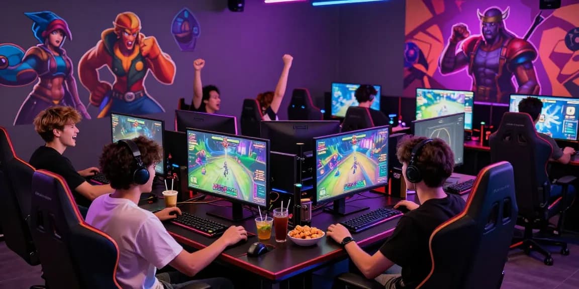 Group of friends enjoying multiplayer porn games online in a vibrant gaming lounge.