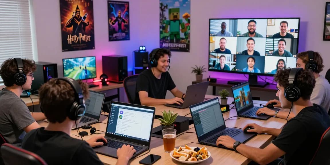 Engaging community gamers on discordtree.com enjoying a lively session with vibrant decor and interactive screens.