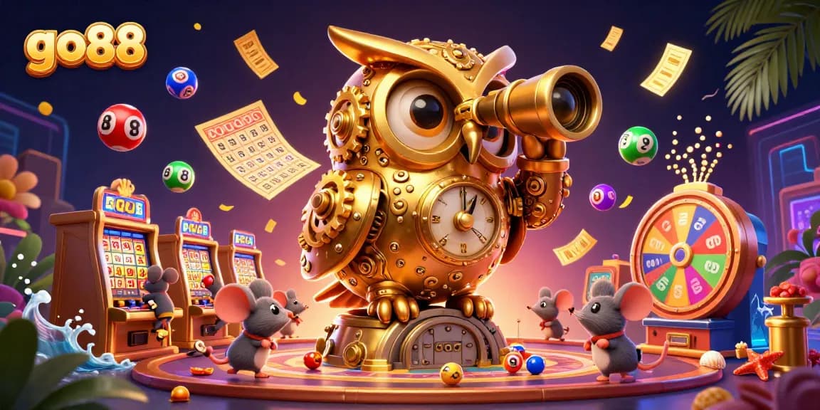 Experience exciting winnings at go88 with a 3D illustration of a golden owl in a vibrant casino setting.