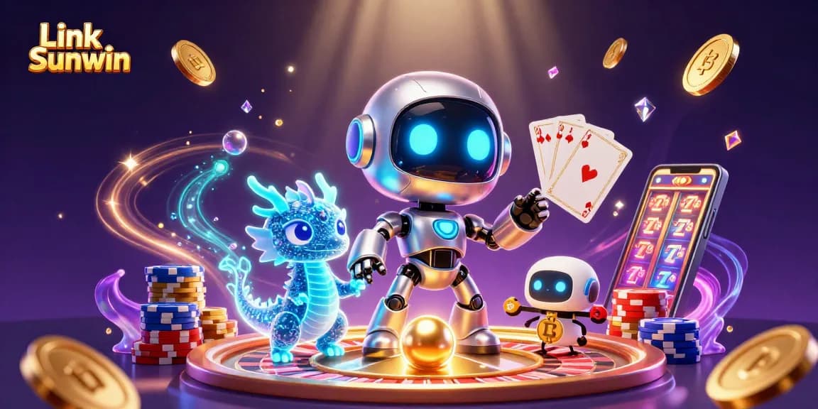 Experience the excitement of gaming at Link Sunwin with dynamic 3D illustration packed with casino elements.