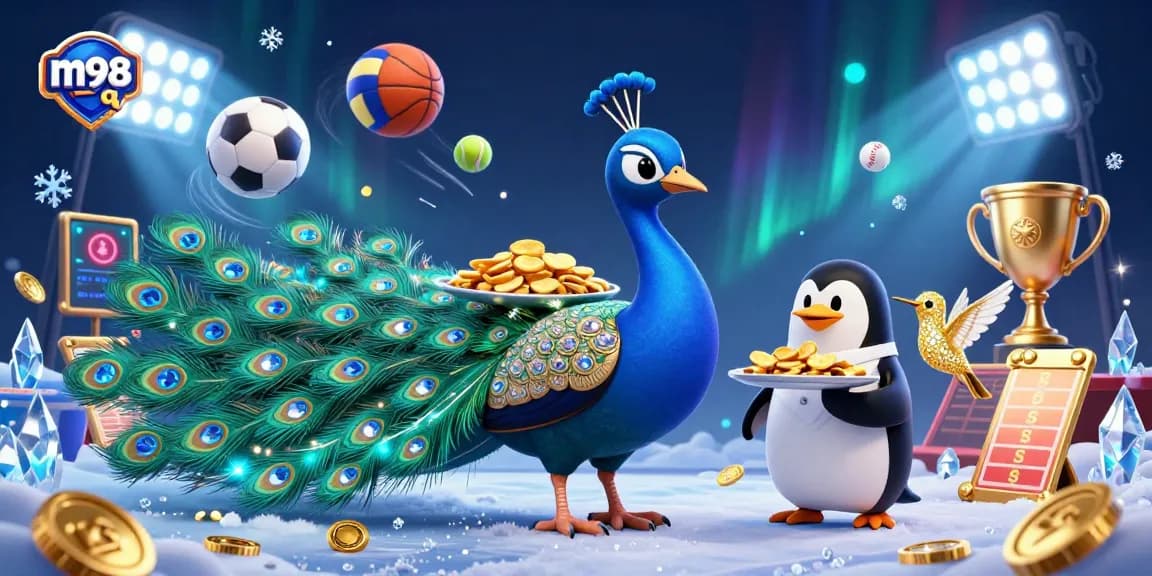 Experience the excitement of m98 q with a vibrant casino scene featuring a peacock, butler penguin, and golden hummingbird.