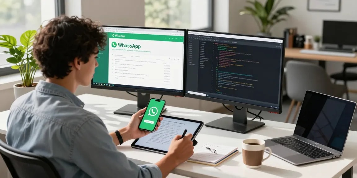 Young professional demonstrating WhatsApp下載 features in a bright modern office setting