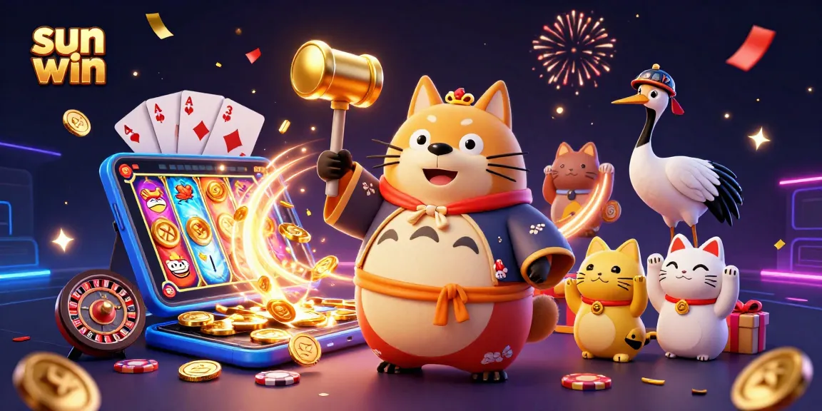 Engage in the thrilling world of sun win with cheerful tanuki, colorful slot games, and festive elements.