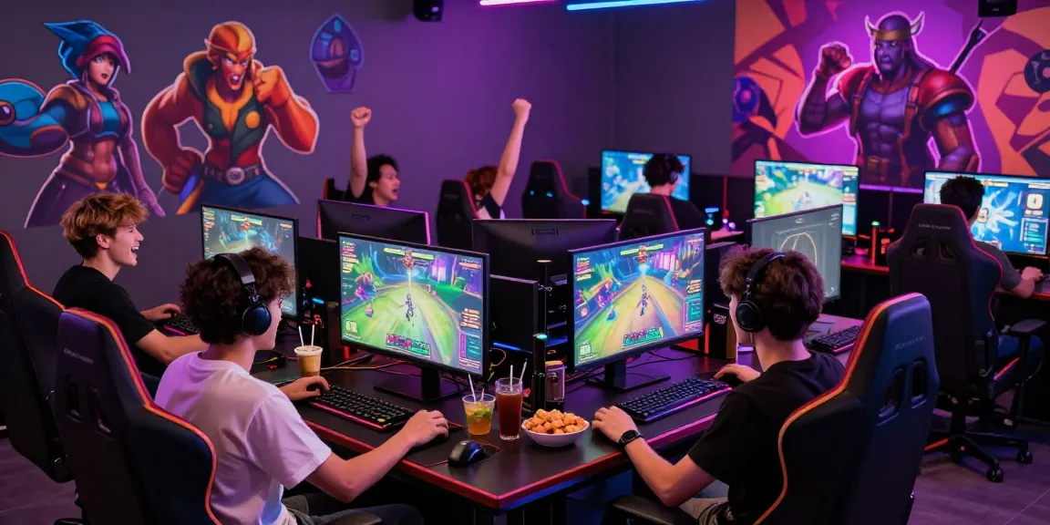 Group of friends enjoying multiplayer porn games online in a vibrant gaming lounge.