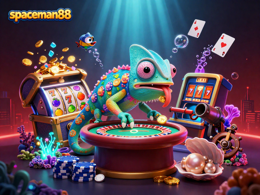 Engage with spaceman88's vibrant chameleon casino illustration showcasing exciting slot game features.