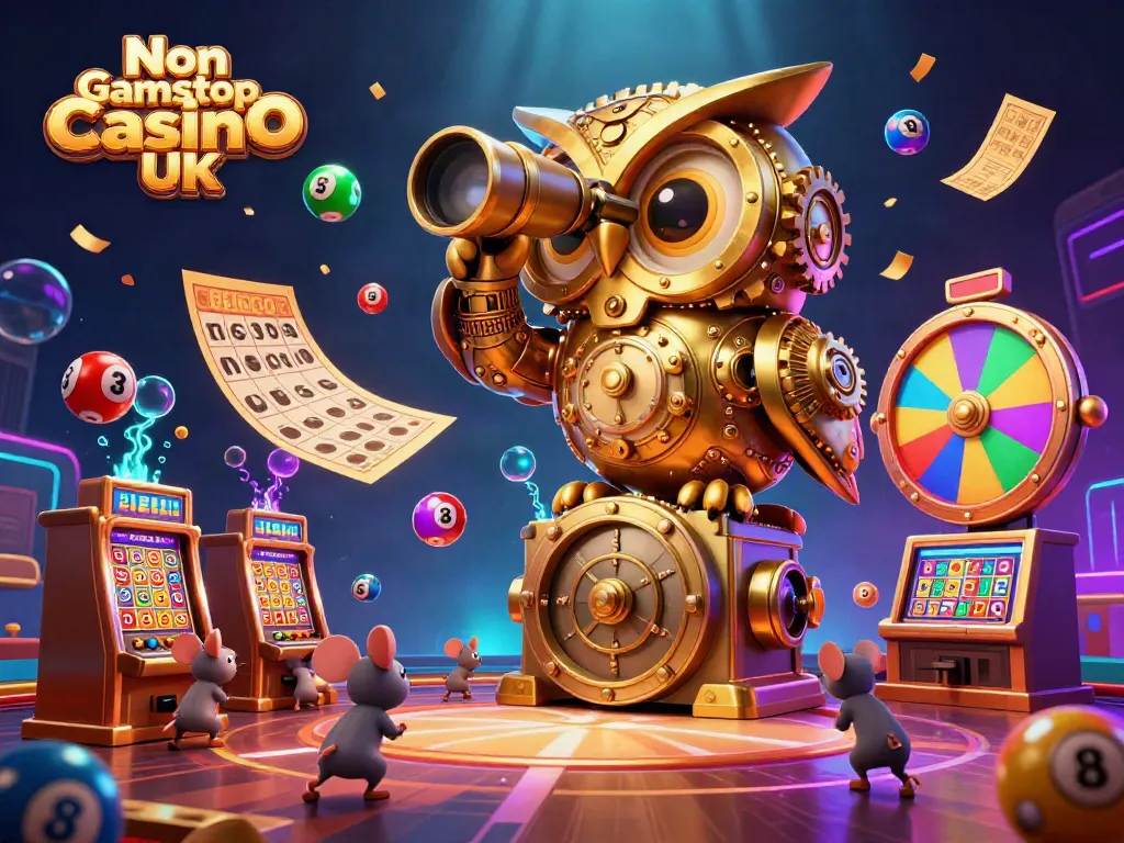 Experience the excitement of Non Gamstop Casino UK with a vibrant 3D illustration featuring a golden owl and animated elements.