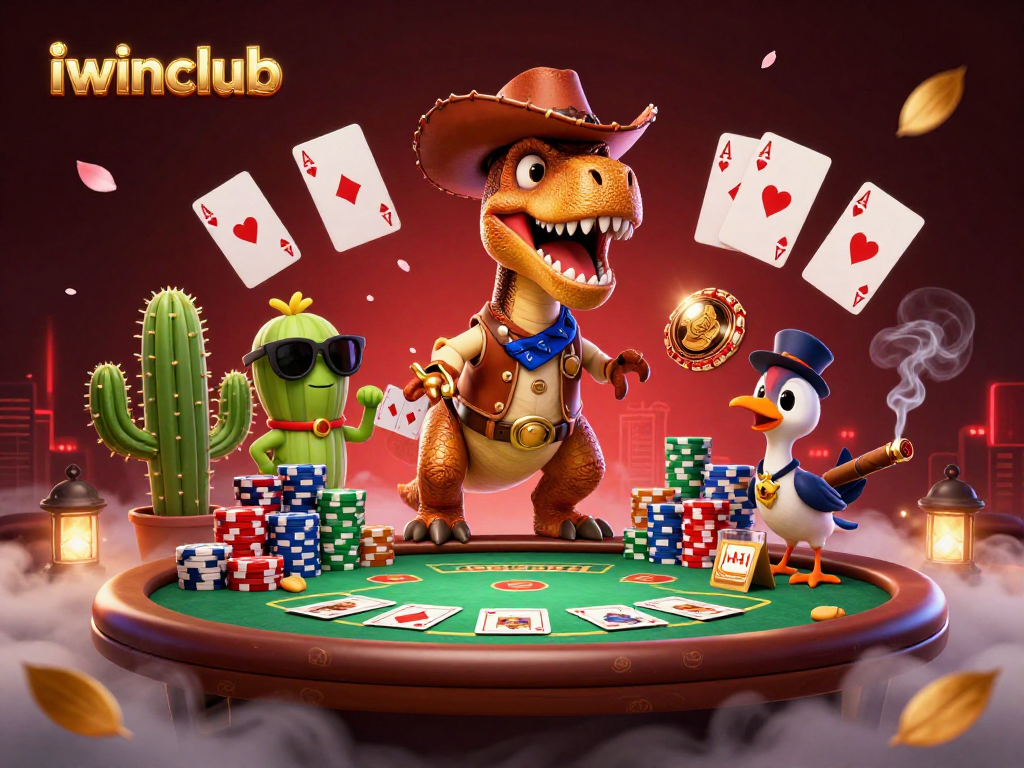 Join iwinclub with an exciting poker scene featuring a cowboy T-Rex and casino elements.