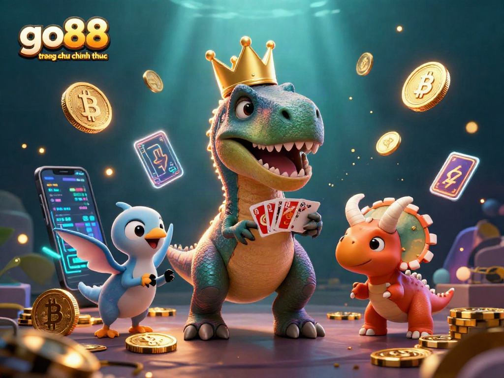 Engaging scene of go88 trang chu chinh thuc with T-Rex shuffling cards and pterodactyl assisting.