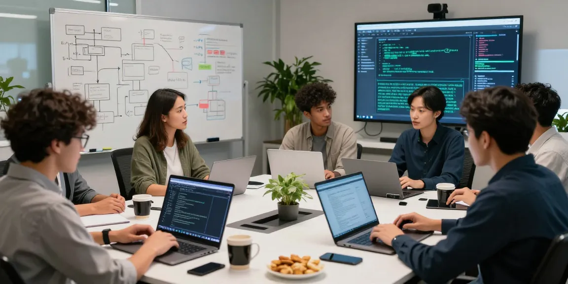 Diverse team discussing large language models in a modern tech lab with laptops and a whiteboard.