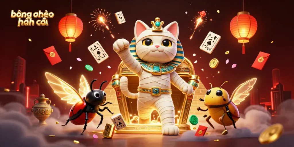 This vibrant scene showcases the excitement of bóng đá kèo nhà cái with dynamic 3D characters and casino elements.