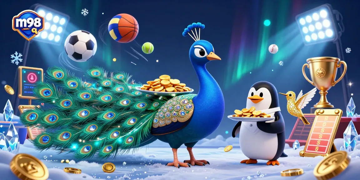 Experience the excitement of m98 q with a vibrant casino scene featuring a peacock, butler penguin, and golden hummingbird.