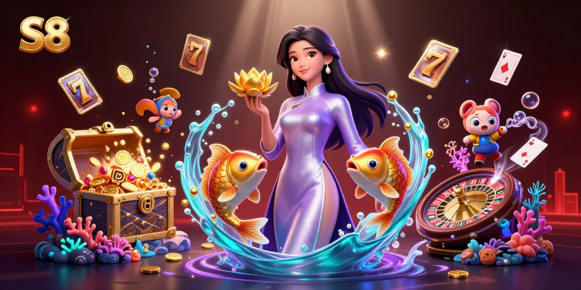 Experience the vibrant world of S8, featuring slots and a captivating Asian woman amidst golden treasures and underwater wonders.