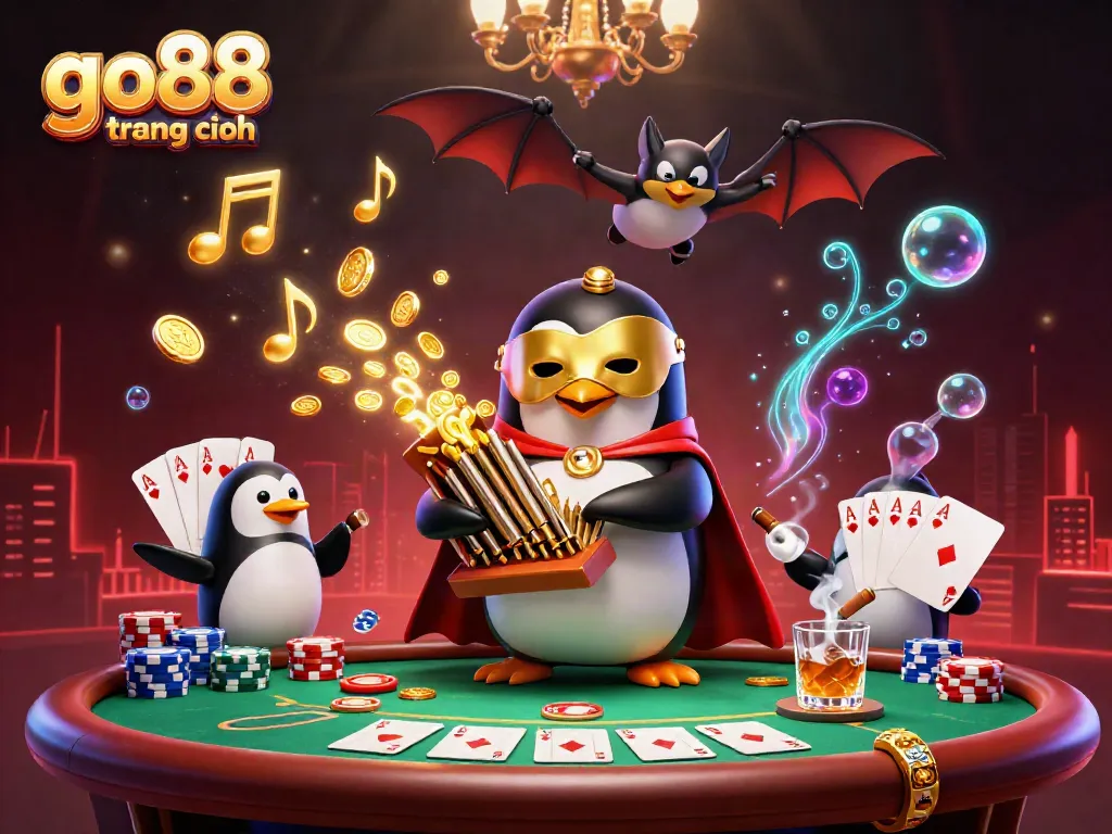 Experience the excitement of go88 trang chính with a vibrant 3D casino scene featuring a unique opera penguin and dynamic game elements.