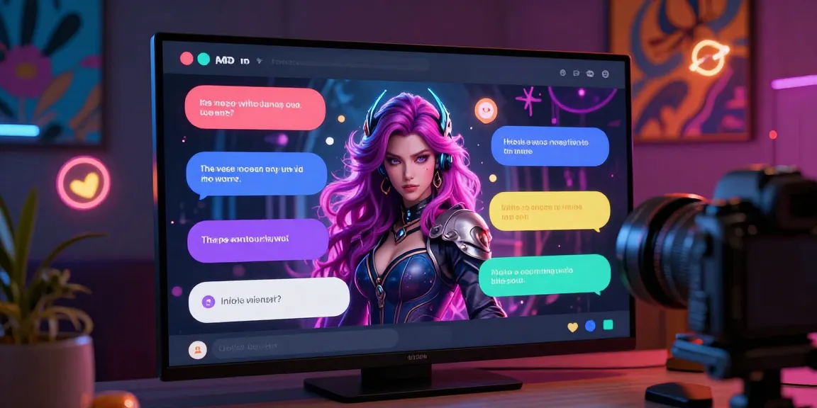 Engaging user interacting with an adult AI chat interface, featuring colorful dialogue bubbles and a vibrant fantasy background related to ai 18+.