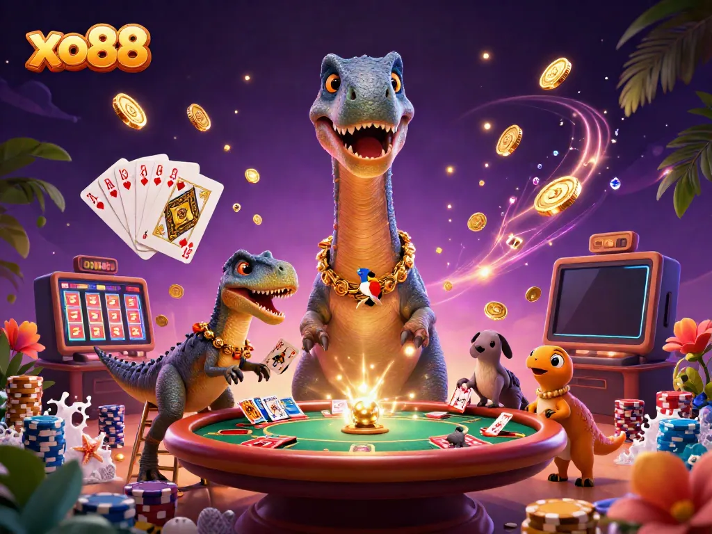 Experience the excitement of xo88 with characters in a vibrant casino scene filled with games and luxury.