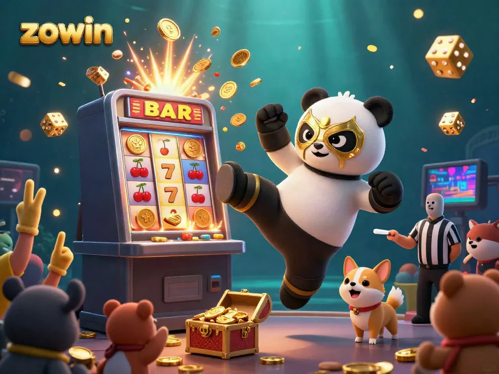 Zowin casino vibrant cartoon scene with 3D panda wrestler kicking, slot machine jackpot, and animal crowd.