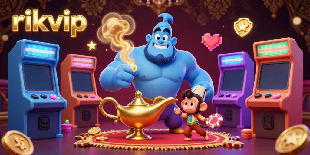 Experience thrilling gameplay with rikvip's vibrant casino scene featuring a magical genie and poker chips.