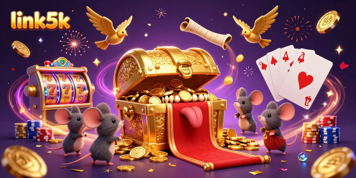 Play games confidently with link5k's 3D cartoon illustration showcasing vibrant slot machines and playful treasure elements.
