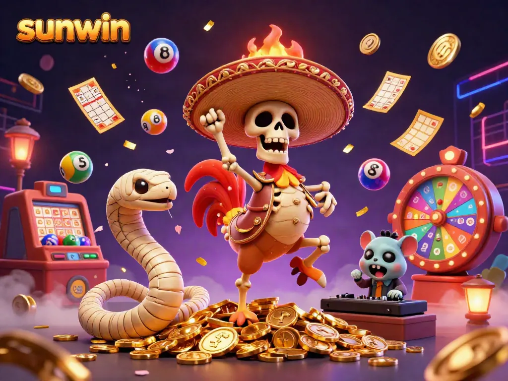 Experience excitement with sunwin as a cartoon skeleton mariachi rooster celebrates on golden coins amidst vibrant casino elements.