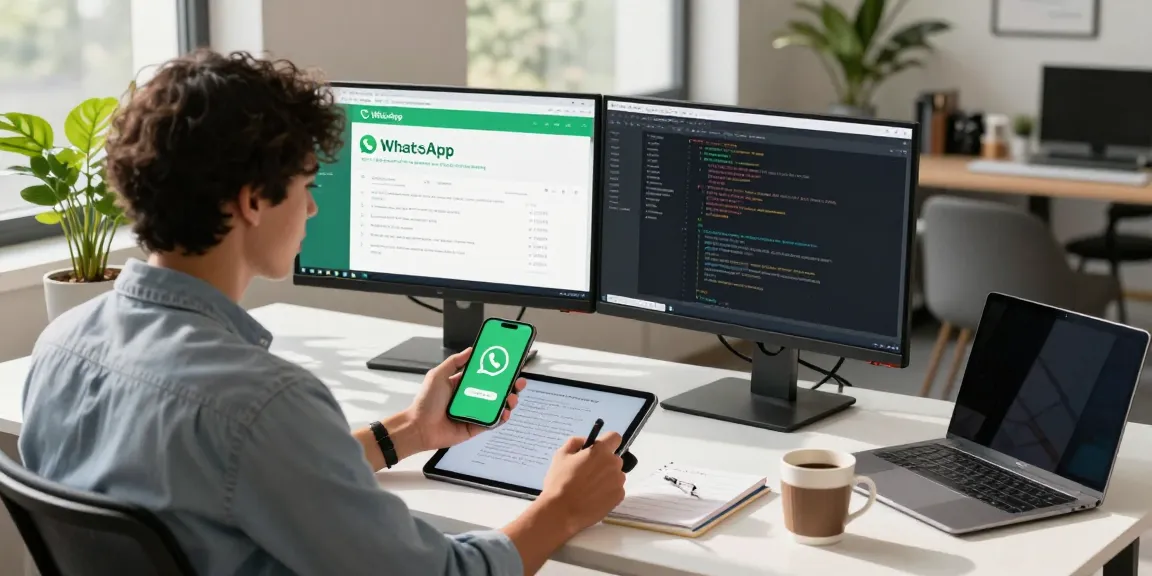 Young professional demonstrating WhatsApp下載 features in a bright modern office setting