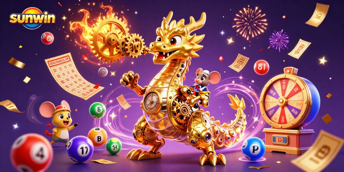 Experience the excitement of sunwin with a vibrant 3D illustration of a golden dragon and lottery elements.