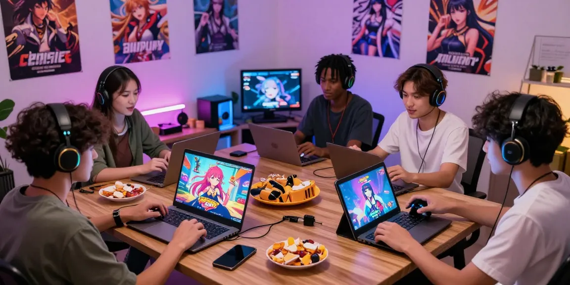 Players enjoying an online hentai game on multiple devices with colorful graphics.