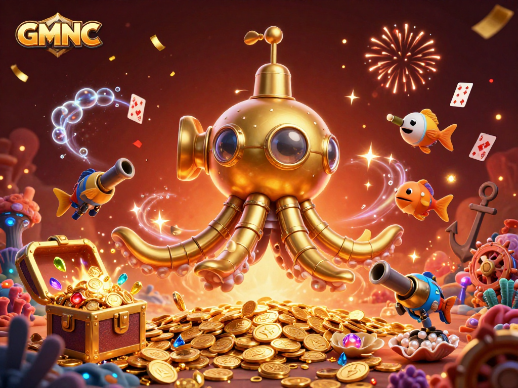 Engage in thrilling gameplay at GMNC with the whimsical kraken submarine and festive elements.