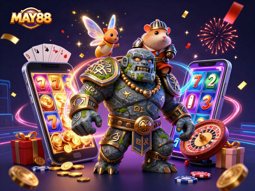 MAY88 creates excitement with a dynamic casino scene featuring a magical golem, fairy, and hamster knight.