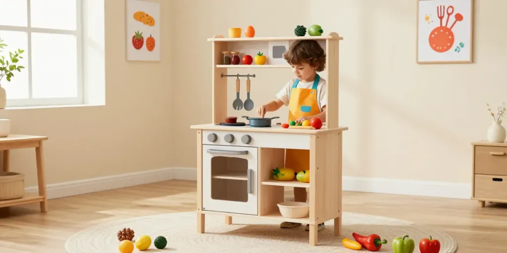 A young child joyfully playing in a wooden kitchen set, surrounded by colourful pretend food, creating a vibrant play atmosphere.