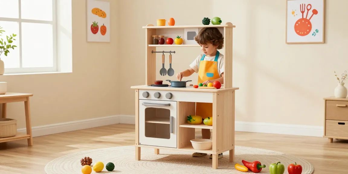 A young child joyfully playing in a wooden kitchen set, surrounded by colourful pretend food, creating a vibrant play atmosphere.
