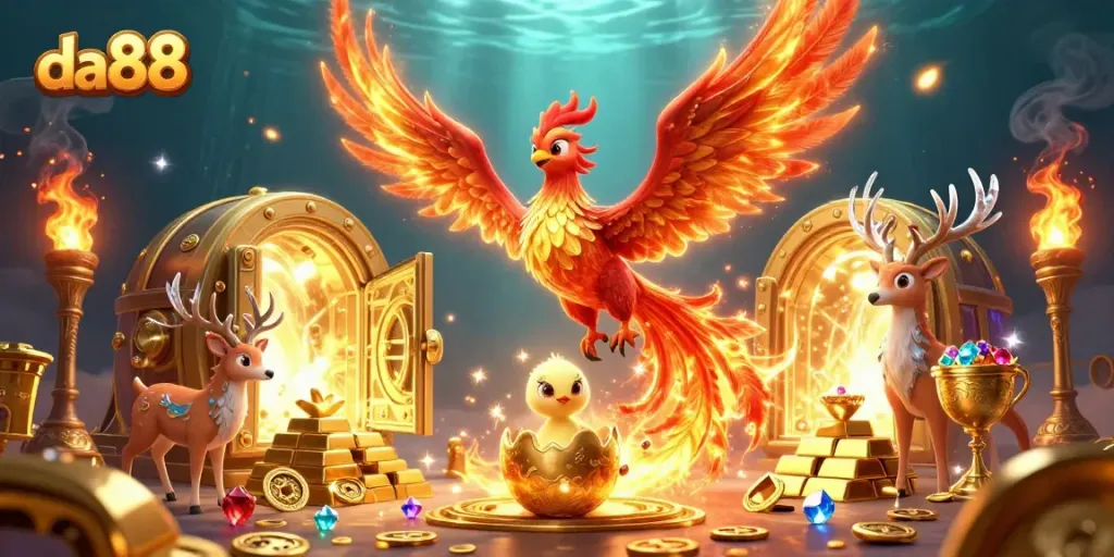 Experience da88's thrilling gaming adventure with a vibrant phoenix and treasures lighting up the casino