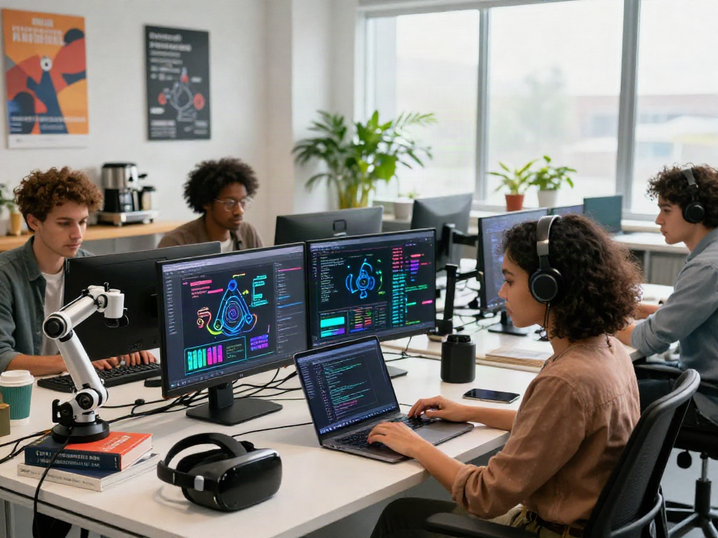 Dynamic tech workspace illustrating spicy ai collaboration among engineers while analyzing AI models and data analytics.