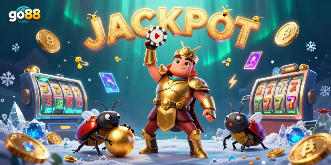 Engage with go88's thrilling slots as the victorious beetle celebrates a big win surrounded by vibrant casino elements.