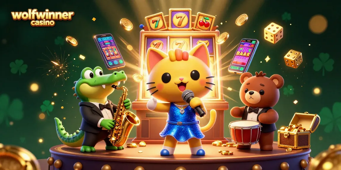 Experience excitement at wolfwinner casino with vivid cartoon characters and 3D slot machine visuals exploding in wins.